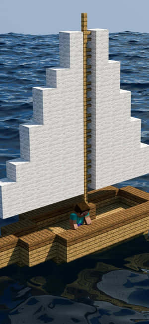 Minecraft角色在藍色水上乘坐帶有白色帆的像素船 — Galaxy S24 壁紙