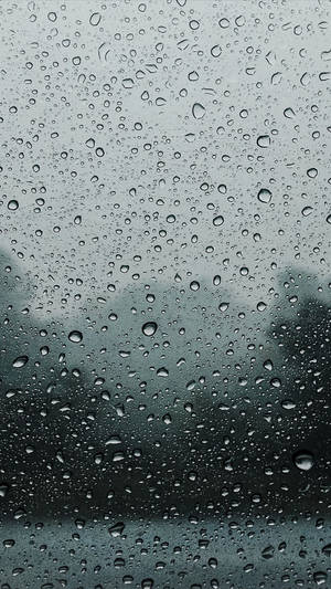 玻璃上的雨滴，背景有模糊的樹木和灰色天空