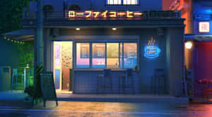夜晚發光的咖啡店，帶有霓虹招牌和濕漉漉的人行道。