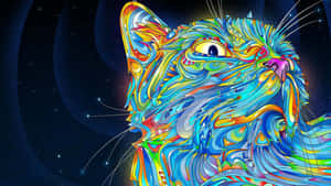 一隻色彩繽紛的插圖貓咪，帶有漩渦圖案，背景是星光宇宙。
