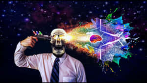 穿著西裝的骷髏頭男人向宇宙爆炸開槍，漂浮的大腦。