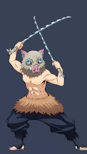 動漫風格的野豬頭惡魔戰士，以戰鬥姿勢揮舞兩把劍。