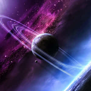 色彩繽紛的宇宙星雲中的環狀行星和閃爍的星星。