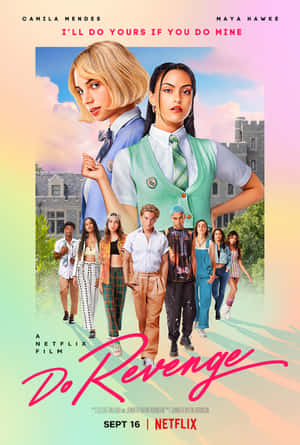 Netflix電影《復仇少女組》海報， featuring 兩位女主角和一群青少年在城堡前。