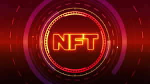 霓虹燈NFT文字位於發光的數位環中心，背景為深紅色和紫色。