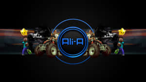Ali-A標誌，兩名男子騎著ATV，以及帶有星星的Minecraft角色。