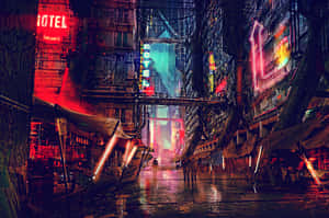 夜雨中霓虹招牌閃爍的 cyberpunk 城市小巷。