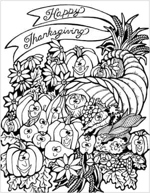 Happy Thanksgiving 豐收角裝滿微笑的南瓜、蘋果和花朵。