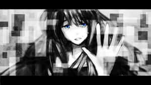 藍眼睛的動漫女孩在像素化玻璃屏障後哭泣。