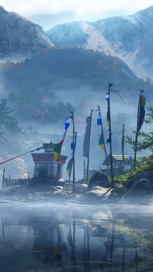 寧靜的山湖，經幡和佛塔倒映在平靜的水面上，天空霧濛濛的秋色。 — 極地戰嚎5 壁紙