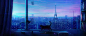 窗台上貓咪的剪影，凝視著夜晚的巴黎天際線。 — 天空景觀 壁紙