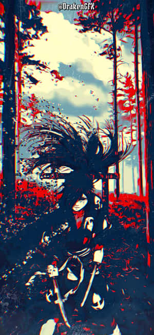 動漫戰士在紅藍森林場景中持劍。 — 銀河A07 壁紙