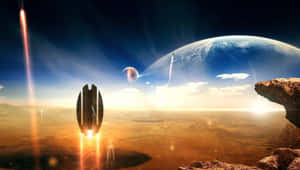 未來主義太空船從沙漠星球發射，地球和月球在日出天空中
