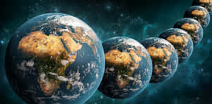一排地球逐漸消失在繁星宇宙中，每個地球上都可看到非洲。