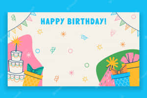 生日卡，附有蛋糕、禮物和紙屑，適合慶祝