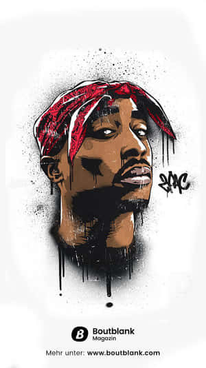 塗鴉風格的Tupac Shakur插圖，戴著紅色頭巾，帶有黑色墨水滴。