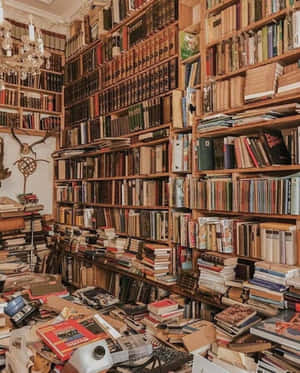 一個舒適混亂的圖書館，書架爆滿，地板上散落著書籍。 — 美學 壁紙