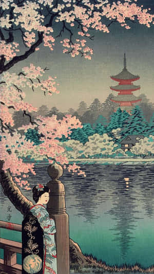 穿著和服的女性在櫻花下看著水對面的寶塔