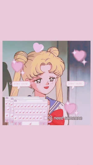 雙丸子頭和心形的動漫女孩在帶文字的鍵盤旁微笑。 — 美學 壁紙