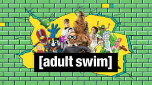 Adult Swim角色衝破綠色磚牆。