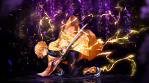 金髮動漫戰士手持發光劍，被紫色花瓣和電火花包圍。 — 鬼滅之刃 壁紙