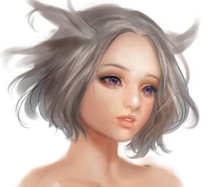 銀色頭髮和紫色眼睛的動漫女孩，柔和肖像風格。