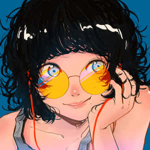 動畫女孩，擁有捲曲的黑髮和黃色眼鏡，微笑著調整眼鏡。 — Xxxtentacion 動漫 GIF 壁紙