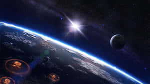 從太空看到的地球，有明亮的太陽、月亮和表面發光的圓形結構。 — 外太空 壁紙
