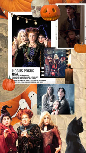 《Hocus Pocus》電影拼貼畫，包含女巫、南瓜和黑貓。
