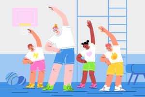 四個細路喺體育館拉筋準備打籃球。