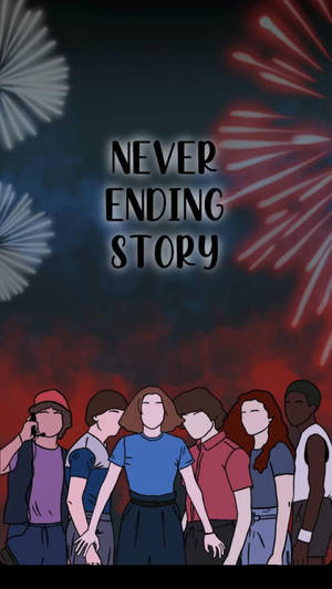六位朋友在煙火下手牽手，上方有文字「Never Ending Story」。