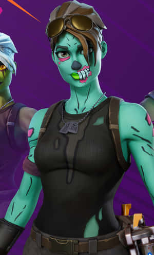 青綠色皮膚的Fortnite殭屍角色，戴著護目鏡和狗牌。