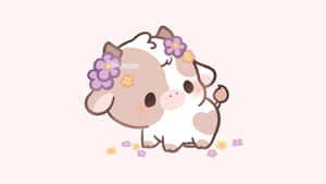 一隻可愛的卡通牛戴著花冠，周圍散落著花瓣。 — 牛仔女郎 壁紙