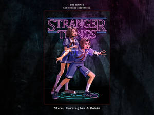 兩個動畫青少年穿著校服，站在發光圓圈內，上方有霓虹燈Stranger Things標誌。