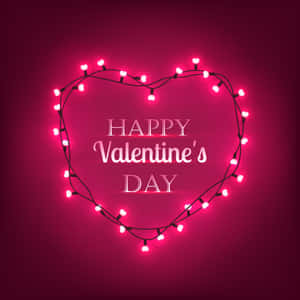 愛心形狀燈串與 'Happy Valentine's Day' 文字，粉紅色背景。