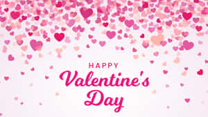 粉紅心形落在白色背景上的「Happy Valentine's Day」文字上。
