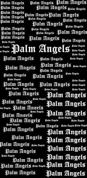 黑色背景上重複顯示不同尺寸的白色Palm Angels標誌。