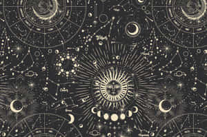 復古占星圖，黑底金色星座和天體。