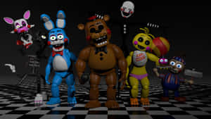 來自《Five Nights at Freddy's》的六個恐怖電子動畫角色在棋盤格地板上。