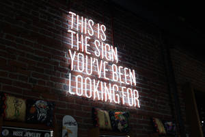 磚牆上的霓虹燈牌在商店中顯示「This is the sign you've been looking for」。 — 霓虹 壁紙