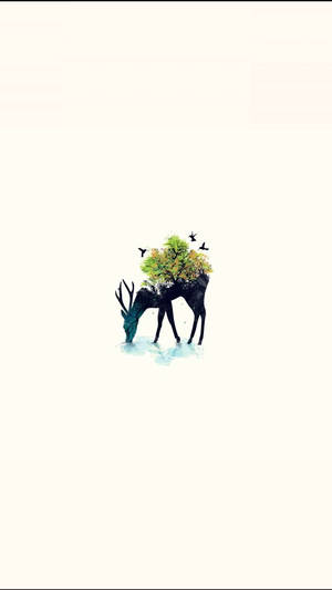 一隻背上長著樹的鹿站在水中，鳥兒在上空飛翔。 — 極簡美學 壁紙