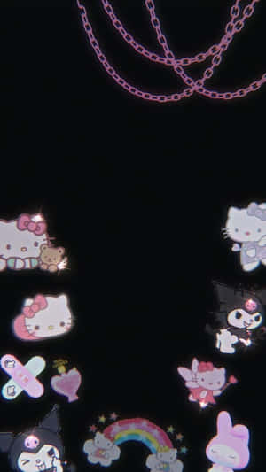 發光的Hello Kitty貼紙和粉紅色鏈條在黑暗中漂浮。 — Hello kitty 美學 GIF 壁紙