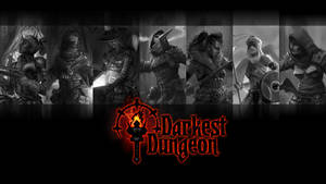 七個陰沉的冒險者穿著暗色盔甲，站在發光的紅色Darkest Dungeon標誌上方。