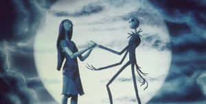 Jack 和 Sally 在黑暗天空的滿月下跳舞。