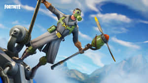 戴著防毒面具的 Fortnite 角色，在積雪的山脈上方拿著螺旋槳桿。