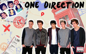 One Direction 樂隊成員與旅行主題拼貼元素合影。