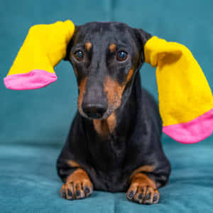 一隻臘腸犬耳朵上戴著帶有粉紅色腳趾的黃色襪子。 — 小狗 壁紙