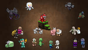 Minecraft像素角色和怪物在有趣的聚集場景中。