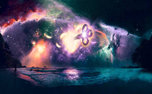 一把發光的宇宙鑰匙懸浮在海灘之上，下方是充滿活力的星雲天空。 — 奇幻 壁紙