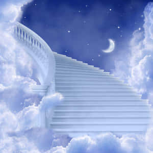 白色樓梯在帶有新月的星空夜空下穿過雲層上升。